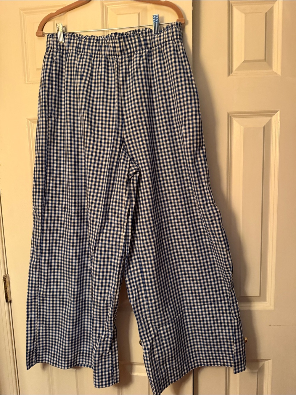 Women's Blue & White Gingham Wide-Leg Pants